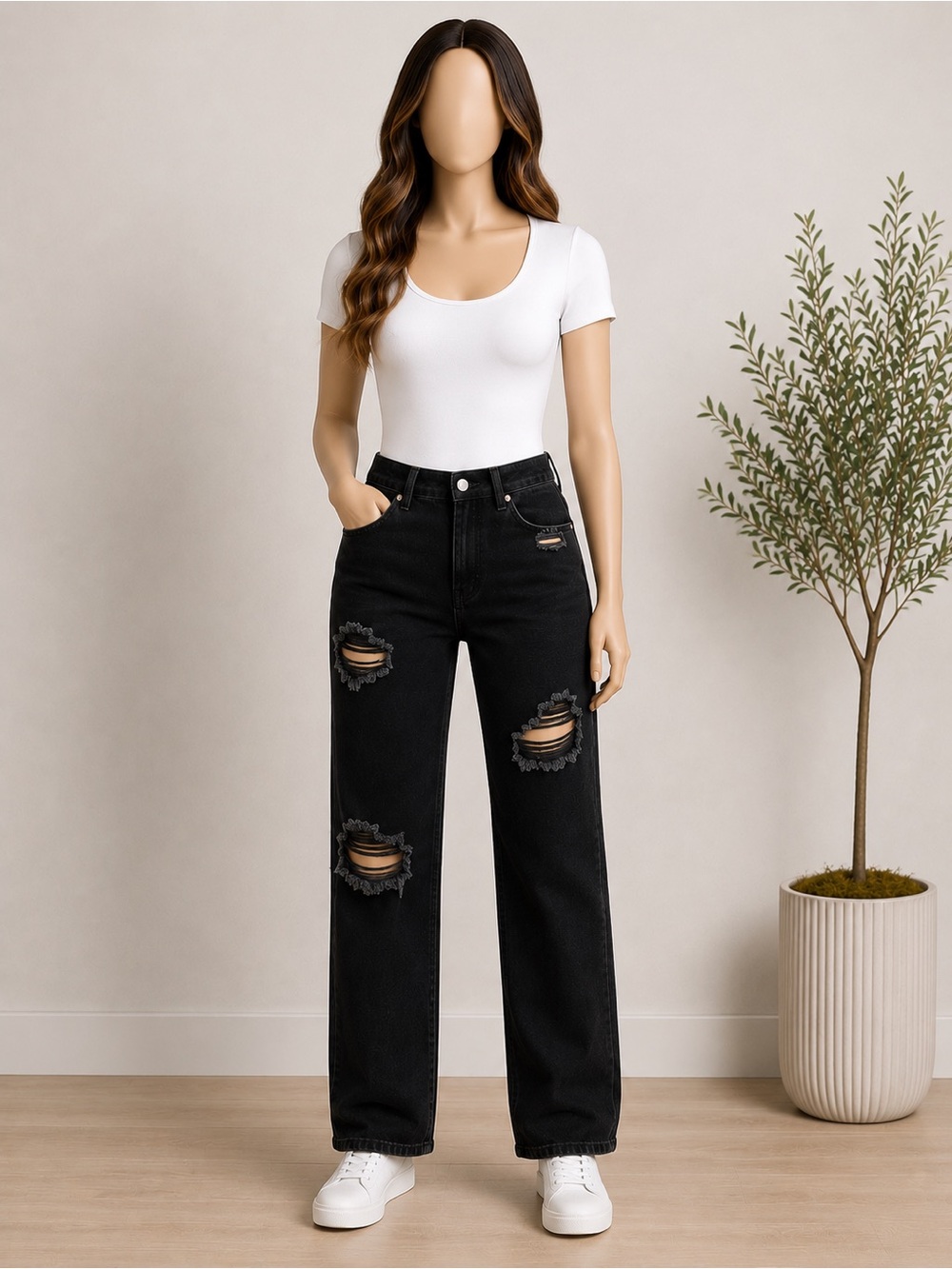 Black Distressed Straight Leg Jeans - Women